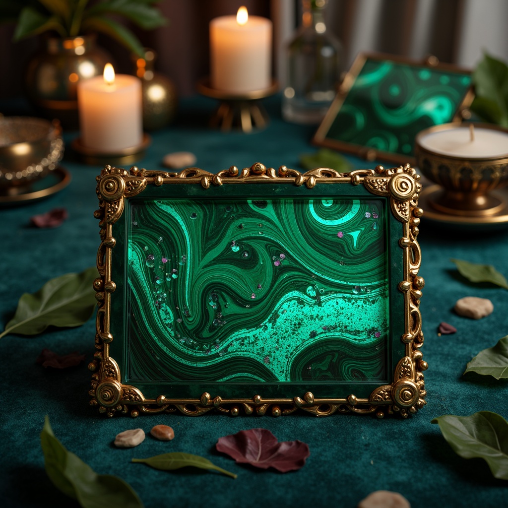 Prompt: Vibrant malachite gemstone, swirling green-blue patterns, iridescent sheen, luxurious velvet textures, rich jewel-toned accents, opulent gold metallic frames, lavish ornate details, mystical ancient artifacts, dimly lit mystic chamber, soft warm candlelight, shallow depth of field, 1/1 composition, realistic reflections, ambient occlusion.