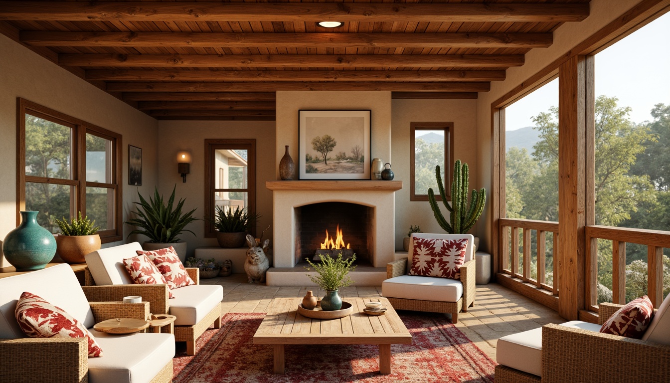 Prompt: Southwestern-style wooden cabin, rustic wooden accents, warm earthy tones, natural wood grain textures, cozy fireplace, comfortable plush furniture, woven wool blankets, vintage Native American-inspired patterns, turquoise ceramic vases, sandy beige stonewalls, abundant cacti plants, bright sunny day, warm golden lighting, shallow depth of field, 1/2 composition, realistic wood textures, ambient occlusion.