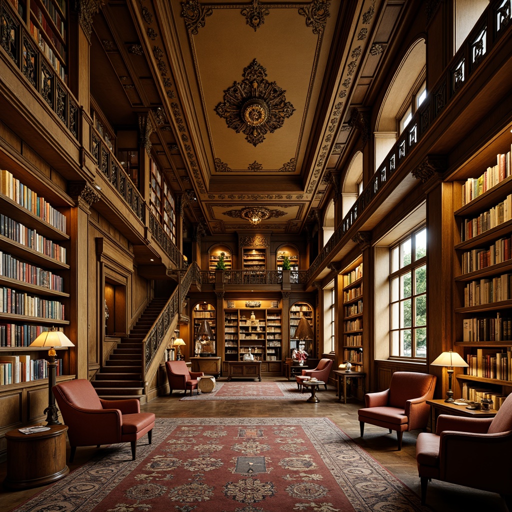 Prompt: Richly ornamented bookshelves, intricately carved wooden fixtures, warm golden lighting, vintage leather-bound tomes, distressed wooden flooring, ornate metal railings, decorative ceiling moldings, classic fiction section, atmospheric staircases, dimly lit reading nooks, plush velvet armchairs, richly patterned rugs, traditional lantern-style lamps, wooden ladder book retrievers, antique book displays, nostalgic bookstore ambiance, warm beige color scheme, soft box lighting, 2/3 composition, shallow depth of field, realistic textures.