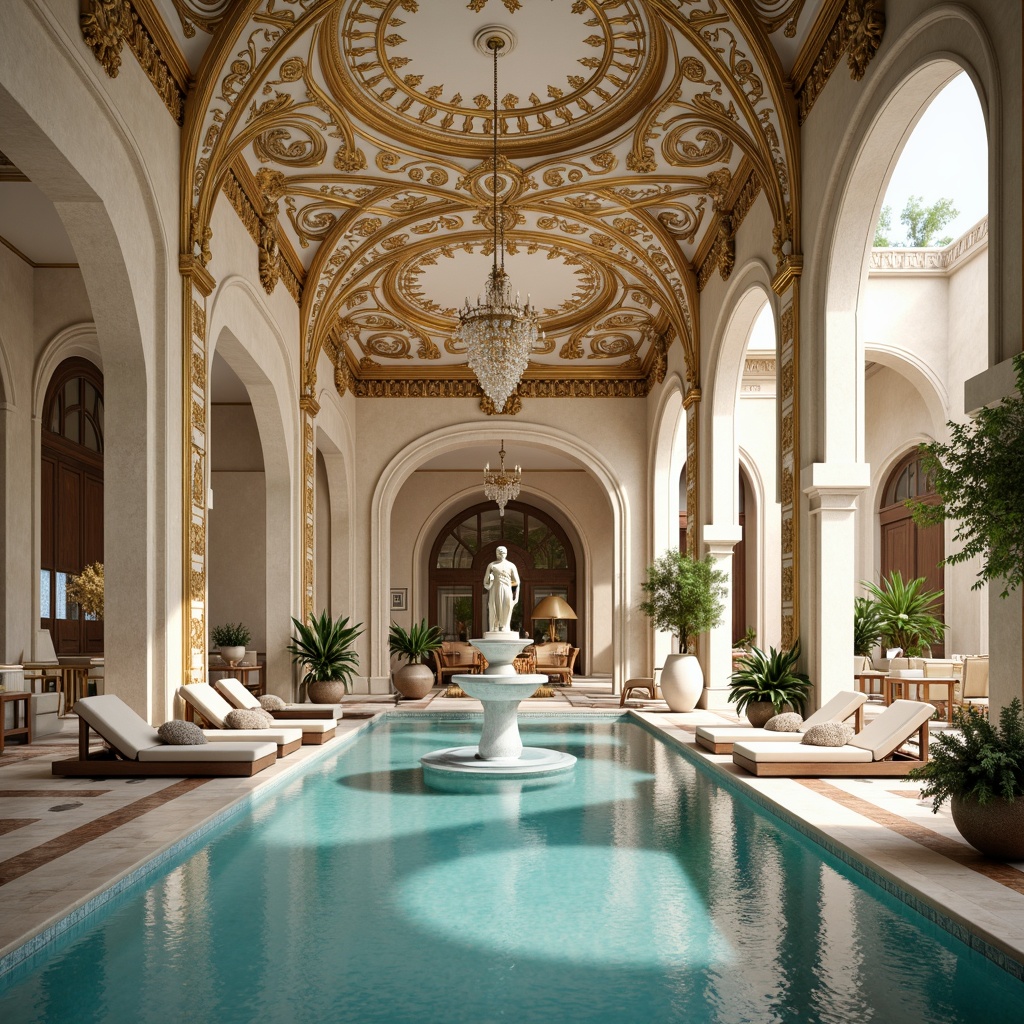 Prompt: Opulent swimming pool, intricate carvings, gilded accents, ornate statues, soft pastel colors, delicate stonework, curved lines, sweeping arches, grandiose fountains, water features, luxurious lounge chairs, velvet cushions, marble flooring, crystal chandeliers, warm golden lighting, shallow depth of field, 1/1 composition, realistic reflections, ambient occlusion.