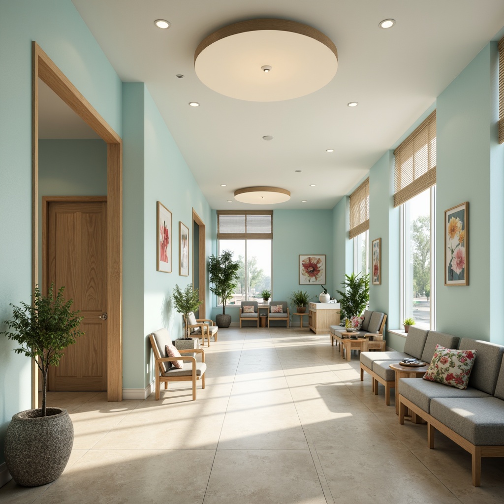 Prompt: Calming healthcare facility, soothing color scheme, pale blue walls, creamy white trim, warm beige floors, natural wood accents, gentle greenery, soft pastel hues, calming ambient lighting, serene atmosphere, peaceful waiting areas, comfortable seating, natural textures, earthy tones, organic patterns, subtle gradients, 1/1 composition, shallow depth of field, realistic renderings, ambient occlusion.