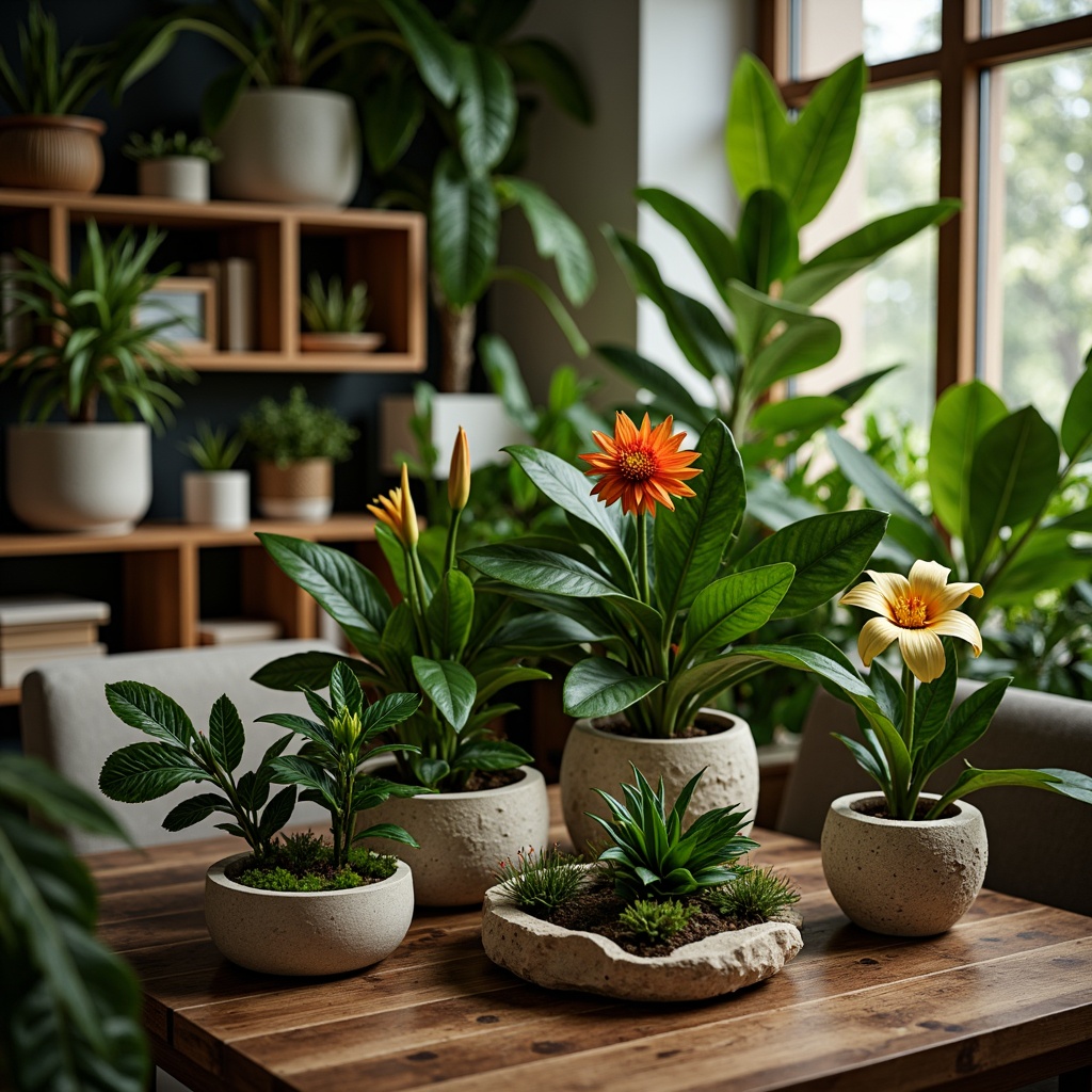 Prompt: Lush greenery, exotic flowers, potted plants, natural stone planters, wooden shelves, modern interior design, cozy living room, warm soft lighting, shallow depth of field, 3/4 composition, realistic textures, ambient occlusion, tropical leaves, vibrant colors, delicate petals, earthy scent, organic feel, peaceful ambiance, serene atmosphere.