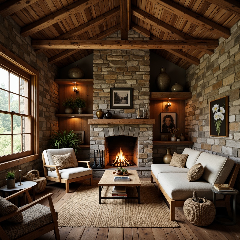 Prompt: Rustic cabin, wooden accents, distressed finishes, natural stone walls, earthy color palette, vintage furniture, woven textiles, jute rugs, reclaimed wood floors, exposed beam ceilings, cozy fireplaces, warm ambient lighting, soft focus, shallow depth of field, 1/1 composition, realistic textures, atmospheric perspective.