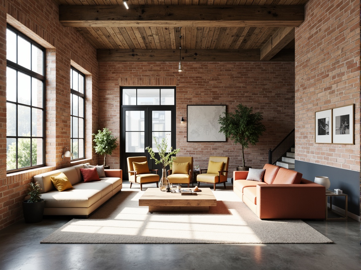 Prompt: Minimalist interior, industrial materials, exposed brick walls, polished metal accents, functional furniture, geometric shapes, primary color palette, natural textiles, sleek lines, open floor plan, abundance of natural light, large windows, minimal ornamentation, emphasis on functionality, modernist aesthetic, urban loft atmosphere, neutral background colors, statement lighting fixtures, sparse decor, industrial chic vibe, Scandinavian-inspired design elements.