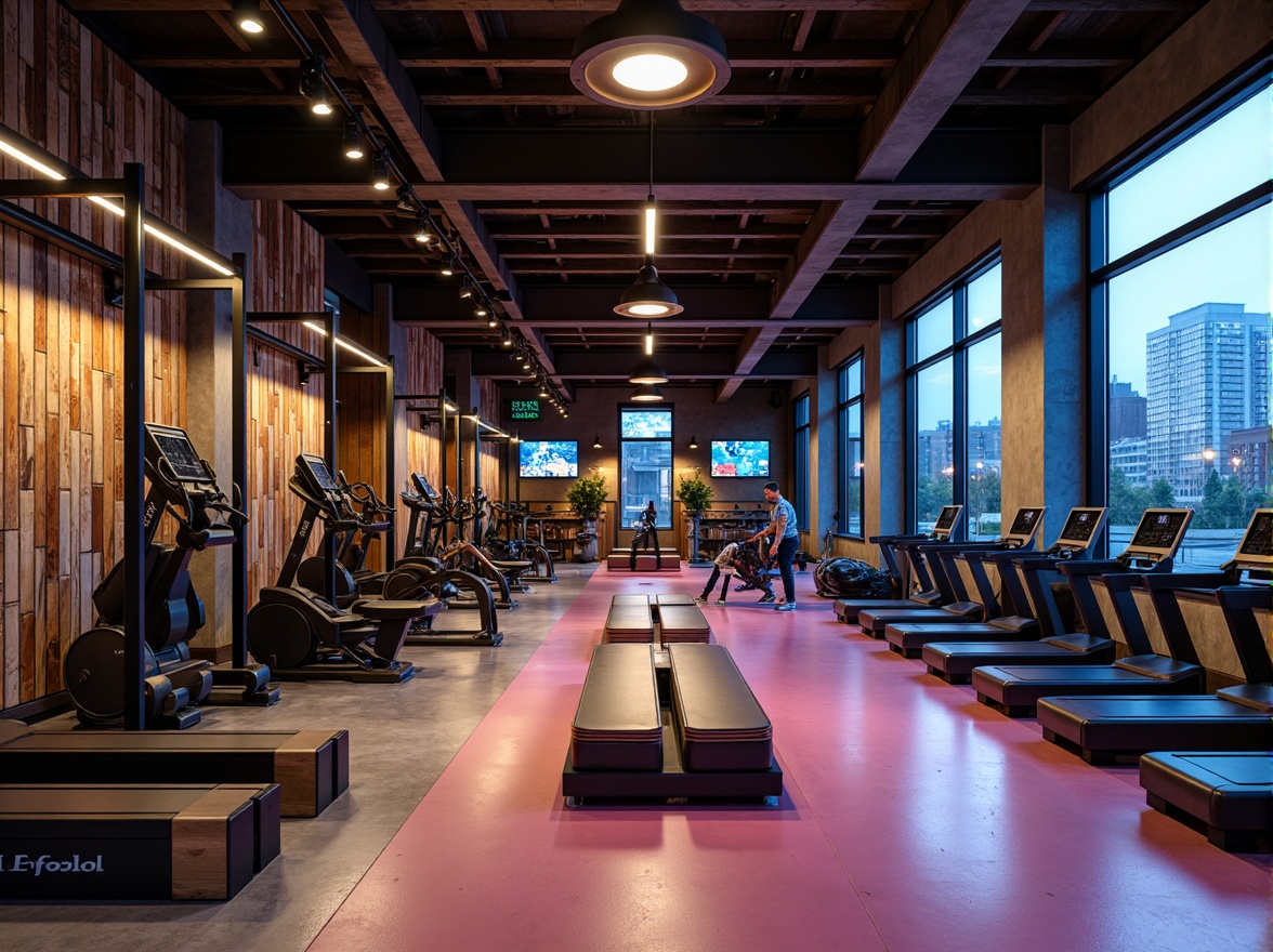 Prompt: Modern fitness club interior, industrial chic aesthetic, exposed concrete floors, metallic equipment frames, matte black workout machines, glossy wooden accents, vibrant color schemes, neon-lit signage, urban cityscape views, floor-to-ceiling windows, natural stone feature walls, reclaimed wood textures, high-contrast lighting, dramatic shadows, 1/2 composition, low-angle photography, realistic reflections, ambient occlusion.