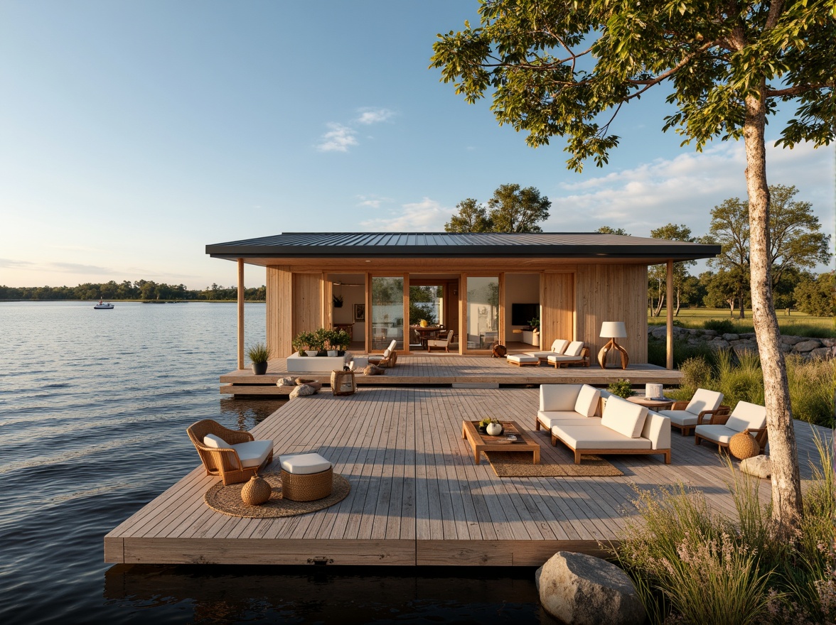 Prompt: Waterfront location, serene lake view, wooden dock, minimalist boathouse design, reclaimed wood accents, eco-friendly materials, low-maintenance exterior, corrugated metal roof, large windows, sliding glass doors, natural textiles, jute rugs, woven furniture, soft warm lighting, shallow depth of field, 3/4 composition, panoramic view, realistic water reflections, ambient occlusion.