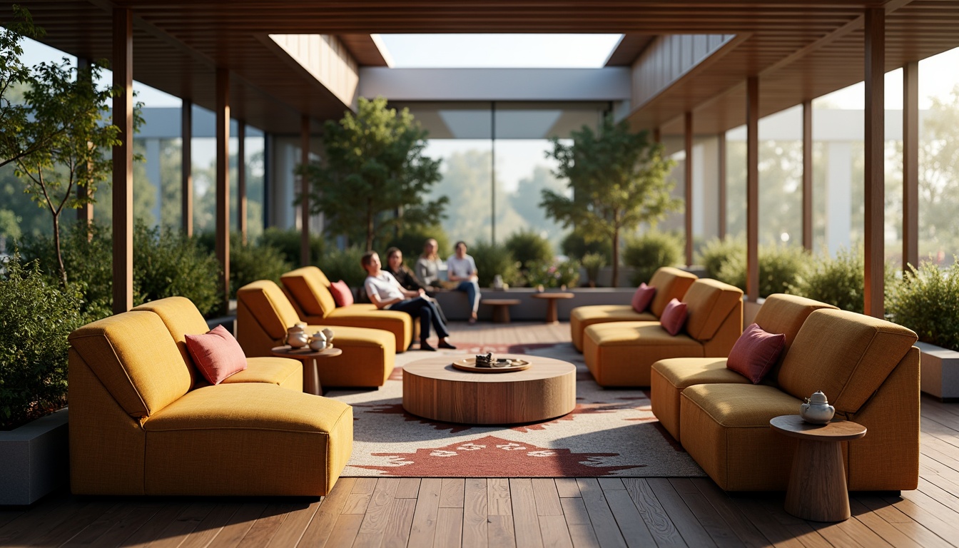 Prompt: Cozy discussion area, circular seating arrangement, plush sofas, wooden coffee tables, vibrant accent pillows, modern minimalist decor, natural wood flooring, floor-to-ceiling windows, abundant soft lighting, 1/1 composition, shallow depth of field, realistic textures, ambient occlusion.