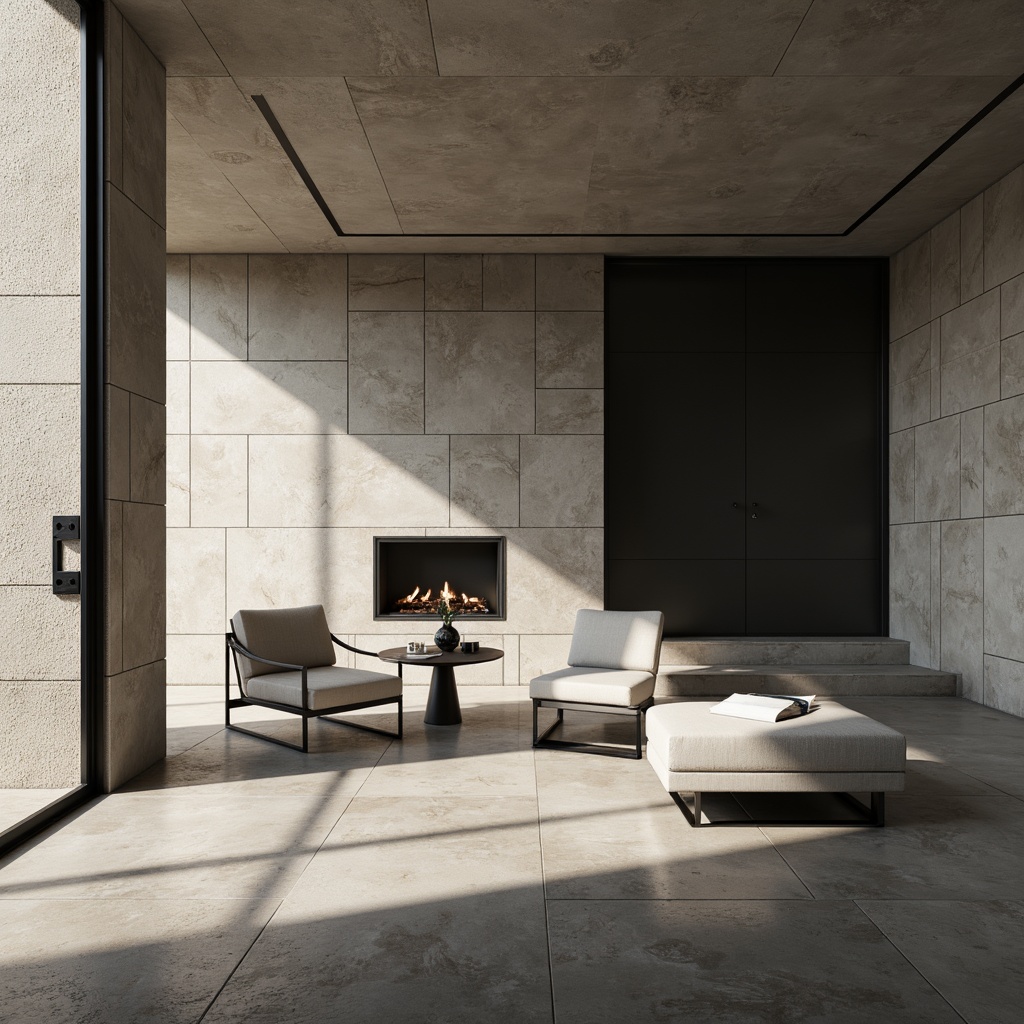 Prompt: Monochromatic minimalist interior, natural stone walls, polished concrete floors, sleek metal accents, matte black furniture, soft beige upholstery, subtle texture contrasts, warm ambient lighting, 1/1 composition, shallow depth of field, realistic material reflections, soft focus blur, atmospheric misting effects.