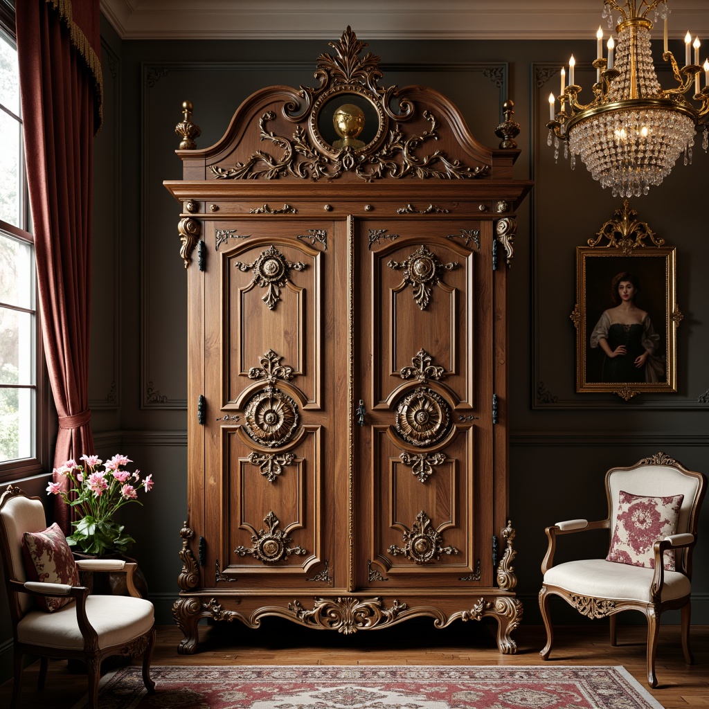 Prompt: Ornate Rococo cabinet, intricately carved wooden doors, gilded metal hardware, lavish upholstery, velvet drapes, crystal chandeliers, antique furniture pieces, distressed finishes, luxurious textiles, soft warm lighting, 1/1 composition, intimate close-up shots, realistic wood grain textures, ambient occlusion, opulent boudoir setting, French Renaissance-inspired patterns, exquisite craftsmanship details.