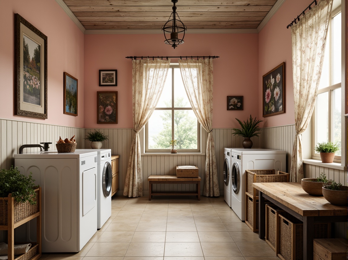 Prompt: Vintage laundry room, distressed wood accents, soft pastel hues, pale pink walls, creamy whites, warm beige floors, ornate metal fixtures, delicate lace curtains, rustic wooden crates, antique washing machines, woven wicker baskets, floral patterns, gentle natural light, warm softbox lighting, shallow depth of field, 1/1 composition, intimate atmosphere.