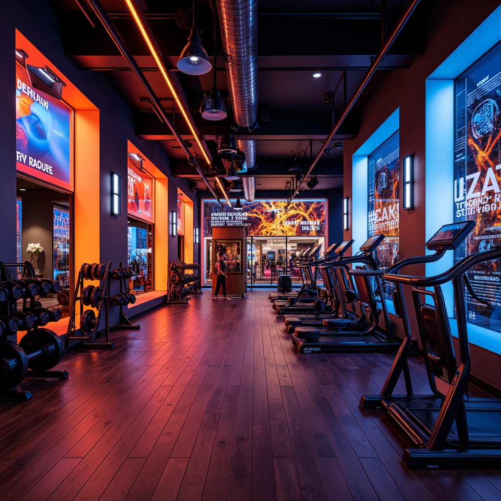 Prompt: Vibrant fitness club, energetic atmosphere, bold color scheme, neon accents, dark wood flooring, sleek metal equipment, motivational quotes, modern LED lighting, dynamic shadows, high-contrast imagery, abstract geometric patterns, futuristic architecture, industrial-chic design, urban loft aesthetic, intense warm colors, deep blues, fiery oranges, electric yellows, metallic silvers, sharp 3/4 composition, dramatic low-angle shots, cinematic lighting effects.