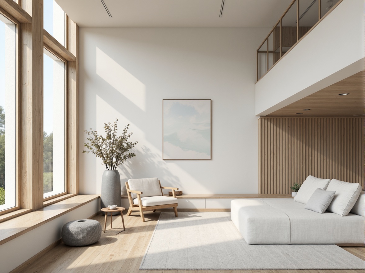 Prompt: Monochromatic interior, clean lines, minimal ornamentation, calm atmosphere, natural materials, wooden accents, subtle textures, creamy whites, soft grays, muted beiges, desaturated blues, pale pastels, warm ambient lighting, shallow depth of field, 2/3 composition, realistic rendering.