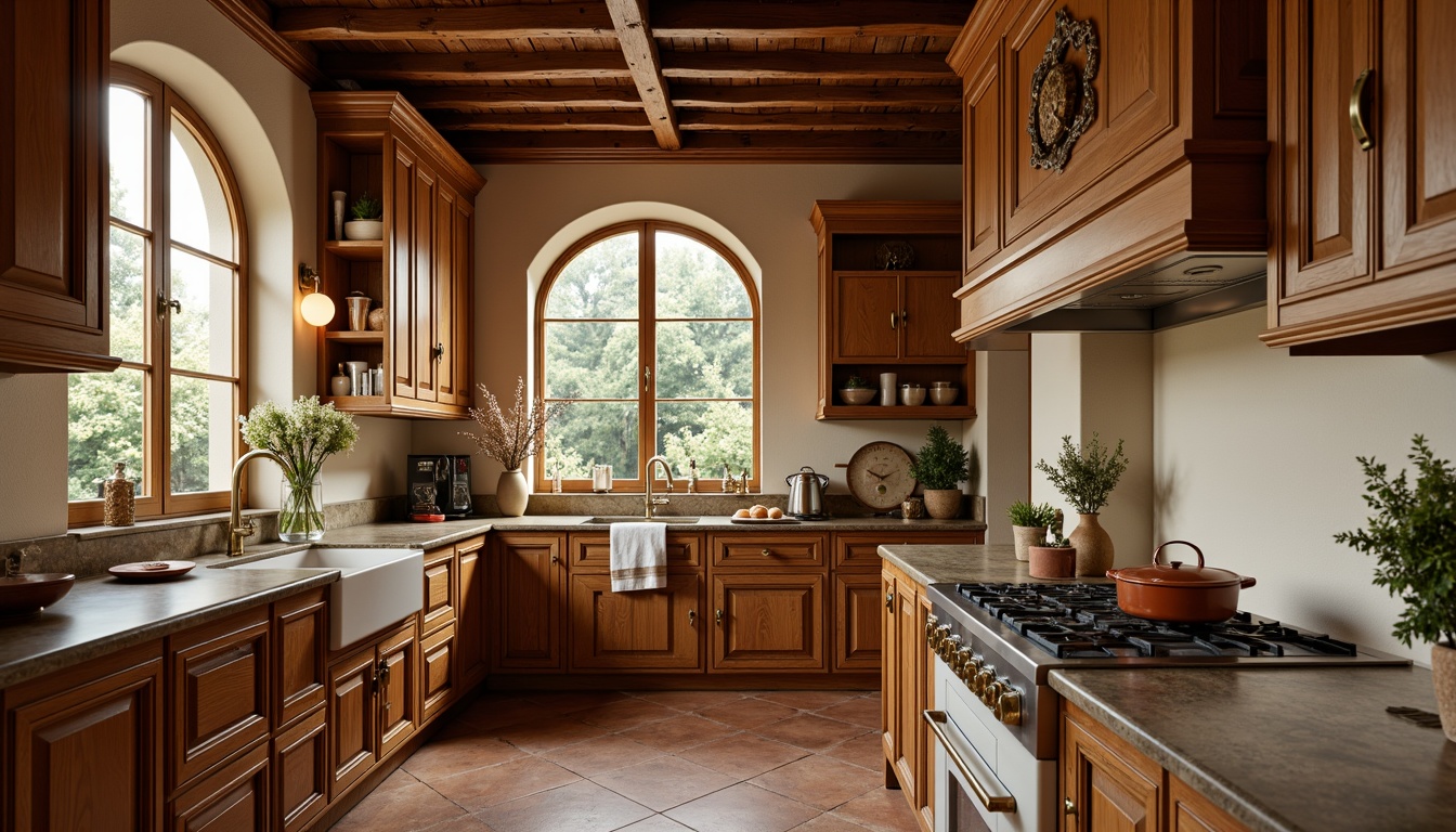 Prompt: Rustic kitchen, warm wooden cabinetry, ornate carvings, traditional Renaissance-inspired design, rich walnut wood tone, gold hardware accents, elegant crown molding, sophisticated archways, soft cream-colored walls, vintage-style appliances, natural stone countertops, earthy terracotta flooring, ambient warm lighting, shallow depth of field, 2/3 composition, realistic textures, subtle vignette effect.