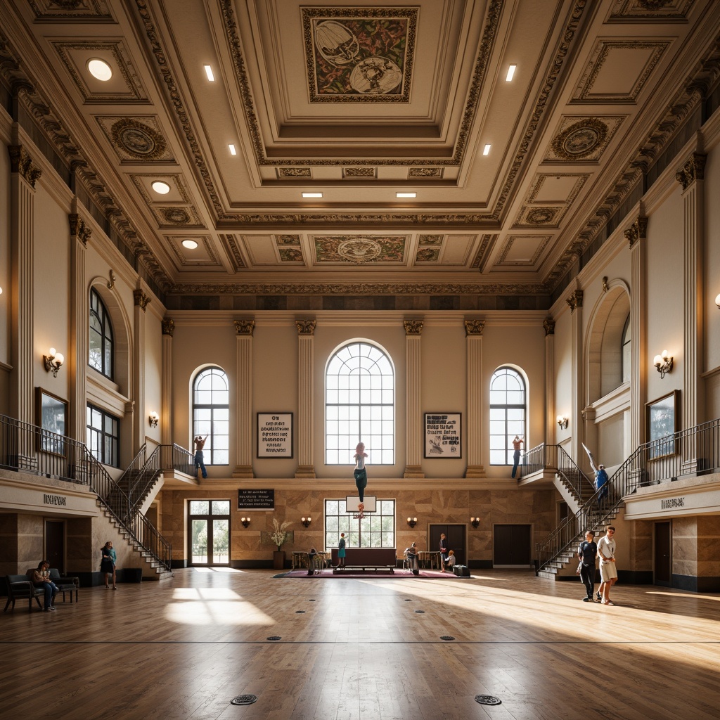 Prompt: Grand gymnasium, neoclassical architecture, ornate columns, intricate moldings, decorative pilasters, grand archways, sweeping staircases, polished marble floors, ornamental railings, classic pediments, symmetrical fa\u00e7ade, monumental entrance, dramatic ceiling heights, elegant chandeliers, refined wood paneling, subtle color palette, natural stone walls, athletic equipment, basketball hoops, volleyball nets, gymnastic apparatus, motivational quotes, inspirational murals, soft warm lighting, shallow depth of field, 3/4 composition, realistic textures, ambient occlusion.