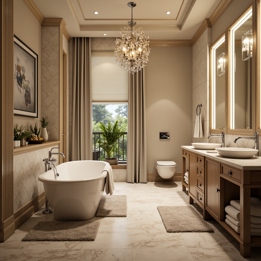 Prompt: Luxurious bathroom, freestanding tub, polished chrome fixtures, soft warm lighting, marble countertops, elegant sink basins, ornate mirrors, crystal chandeliers, plush bath mats, decorative tiles, spa-inspired ambiance, calming color palette, serene atmosphere, minimalist design, wall-mounted toilets, sleek shower enclosures, rain showerheads, body sprays, heated floors, ambient occlusion, realistic textures.