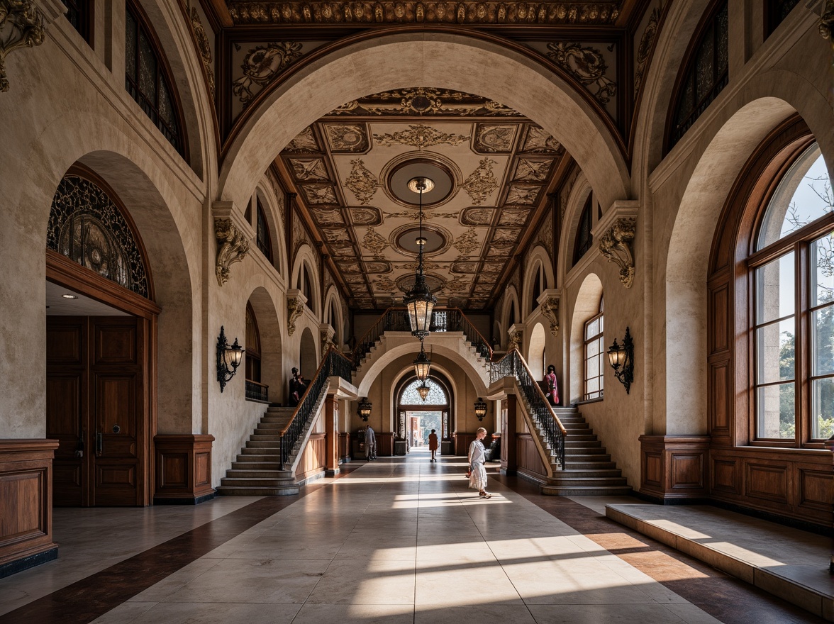 Prompt: Intricate stone carvings, ornate metalwork, grand archways, sweeping staircases, polished marble floors, rich wood paneling, vintage luggage racks, classic clock towers, sophisticated chandeliers, subtle color palette, warm soft lighting, shallow depth of field, 1/2 composition, symmetrical framing, realistic textures, ambient occlusion.