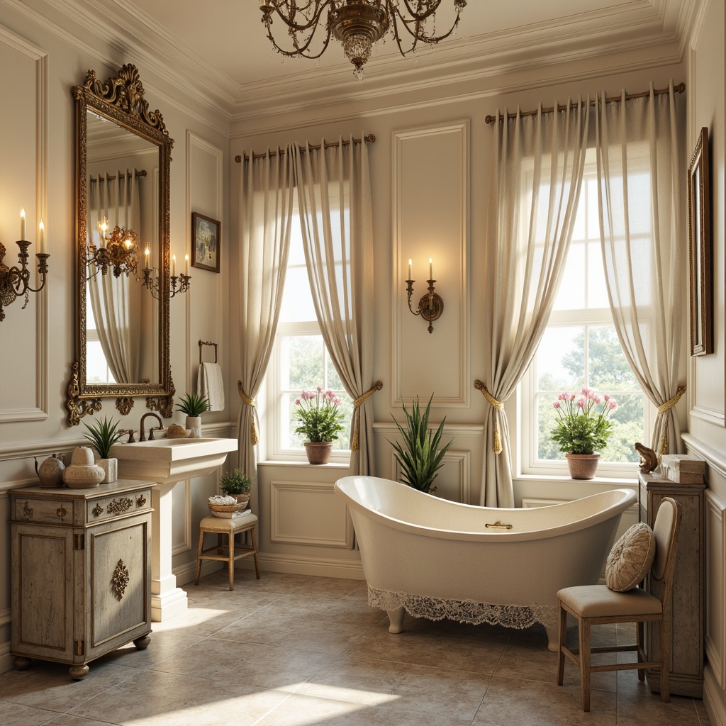 Prompt: French country-style powder room, soft creamy walls, distressed wood furniture, ornate gold accents, plush velvet fabrics, delicate lace trim, subtle floral patterns, pastel color palette, warm candlelight, shallow depth of field, 1/1 composition, realistic textures, ambient occlusion, ornate mirrors, decorative moldings, rustic stone floors, elegant chandeliers, luxurious drapes, antique furniture pieces.