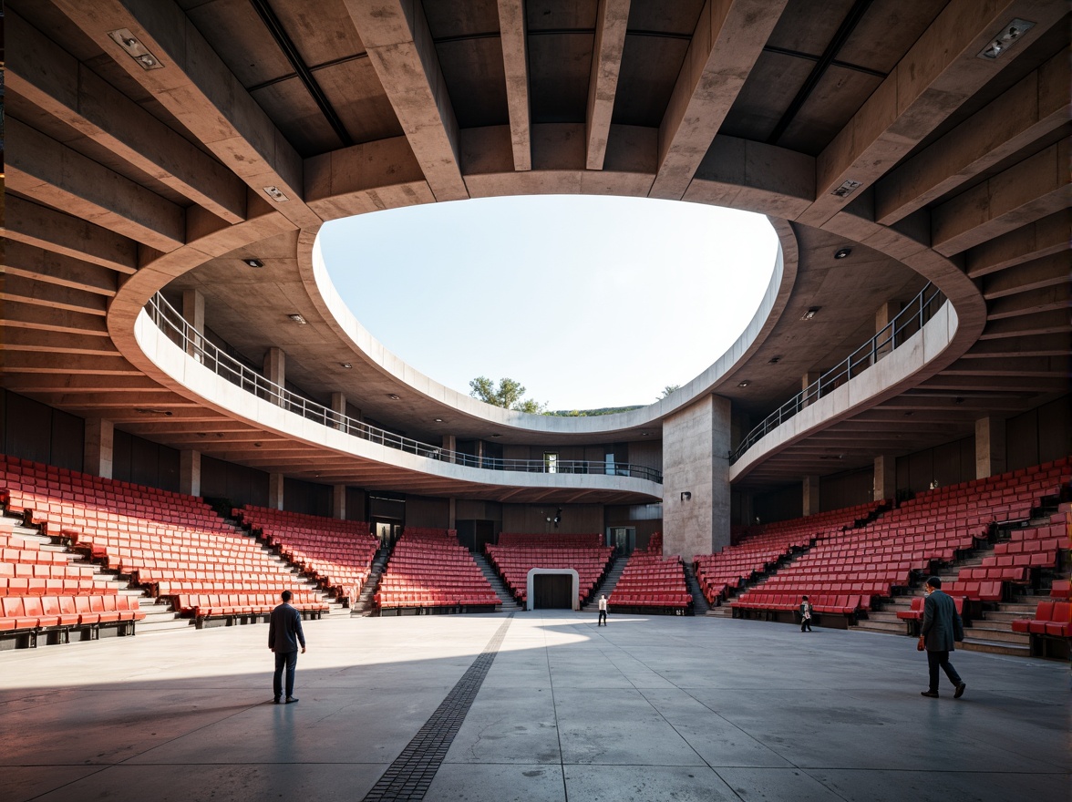 Prompt: Curved amphitheater, bold geometric shapes, minimalist seating arrangement, stepped rows, sleek metal railings, functionalist architecture, industrial materials, exposed concrete, bold color accents, vibrant red seats, natural light pouring in, dramatic shadows, high contrast lighting, shallow depth of field, 2/3 composition, symmetrical framing, brutalist textures, ambient occlusion.