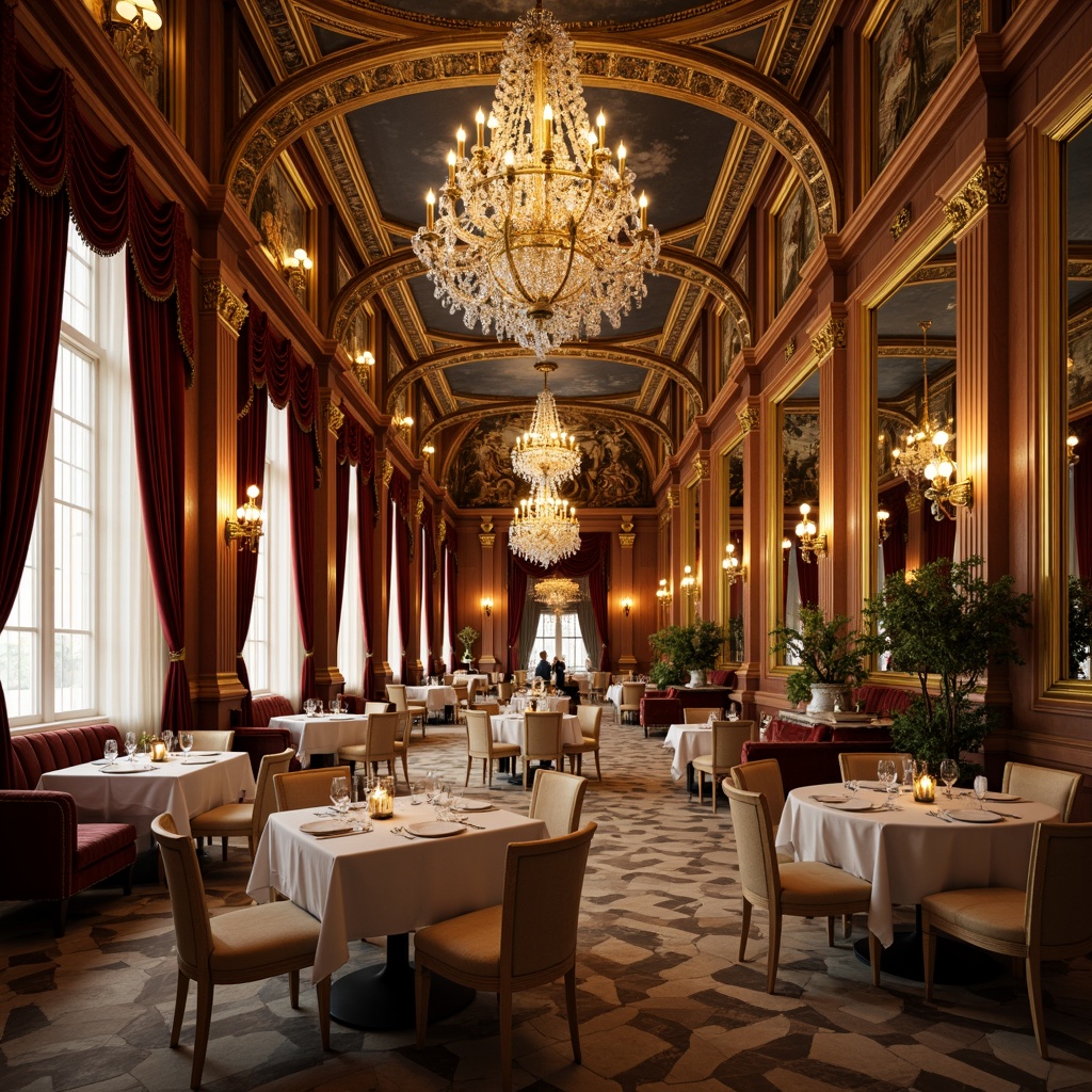 Prompt: Luxurious dining area, ornate gold accents, intricate carvings, grand chandeliers, lavish furnishings, velvet drapes, marble floors, rich wood paneling, opulent crystal fixtures, dramatic archways, sweeping staircases, imposing columns, gilded mirrors, frescoed ceilings, warm golden lighting, soft focus blur, shallow depth of field, 1/2 composition, romantic ambiance, vintage textures, subtle specularity.