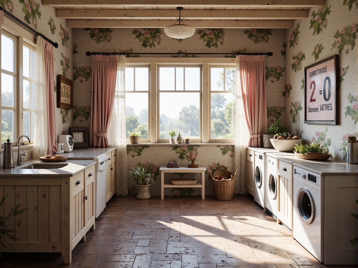 Prompt: Soft pastel colors, distressed wooden cabinets, vintage metal signs, floral patterns, lace curtains, rustic stone walls, worn brick floors, antique washing machines, creamy whites, pale blues, mauve pinks, dusty lavenders, warm beige tones, natural light streaming, shallow depth of field, 1/1 composition, cozy atmosphere, realistic textures, ambient occlusion.