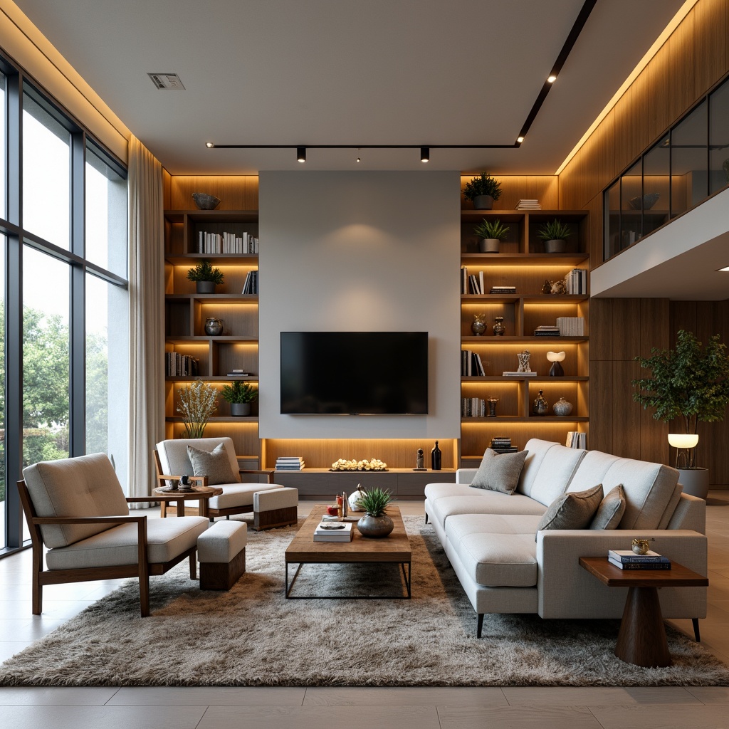 Prompt: Modern living room, sleek minimalist decor, comfortable sofas, accent chairs, wooden coffee tables, floor lamps, plush area rugs, functional shelving units, wall-mounted TVs, cozy reading nooks, large windows, natural light, airy atmosphere, 3/4 composition, soft warm lighting, realistic textures, ambient occlusion.