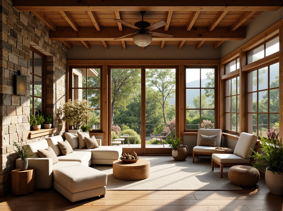 Prompt: Cozy rustic sunroom, wooden beam ceiling, stone walls, earthy tones, natural textiles, plush furnishings, floor-to-ceiling windows, sliding glass doors, abundant natural light, warm sunny day, soft gentle illumination, shallow depth of field, 1/1 composition, realistic wood grain textures, ambient occlusion, lush greenery views, blooming flowers, bird's eye view, relaxed atmosphere.