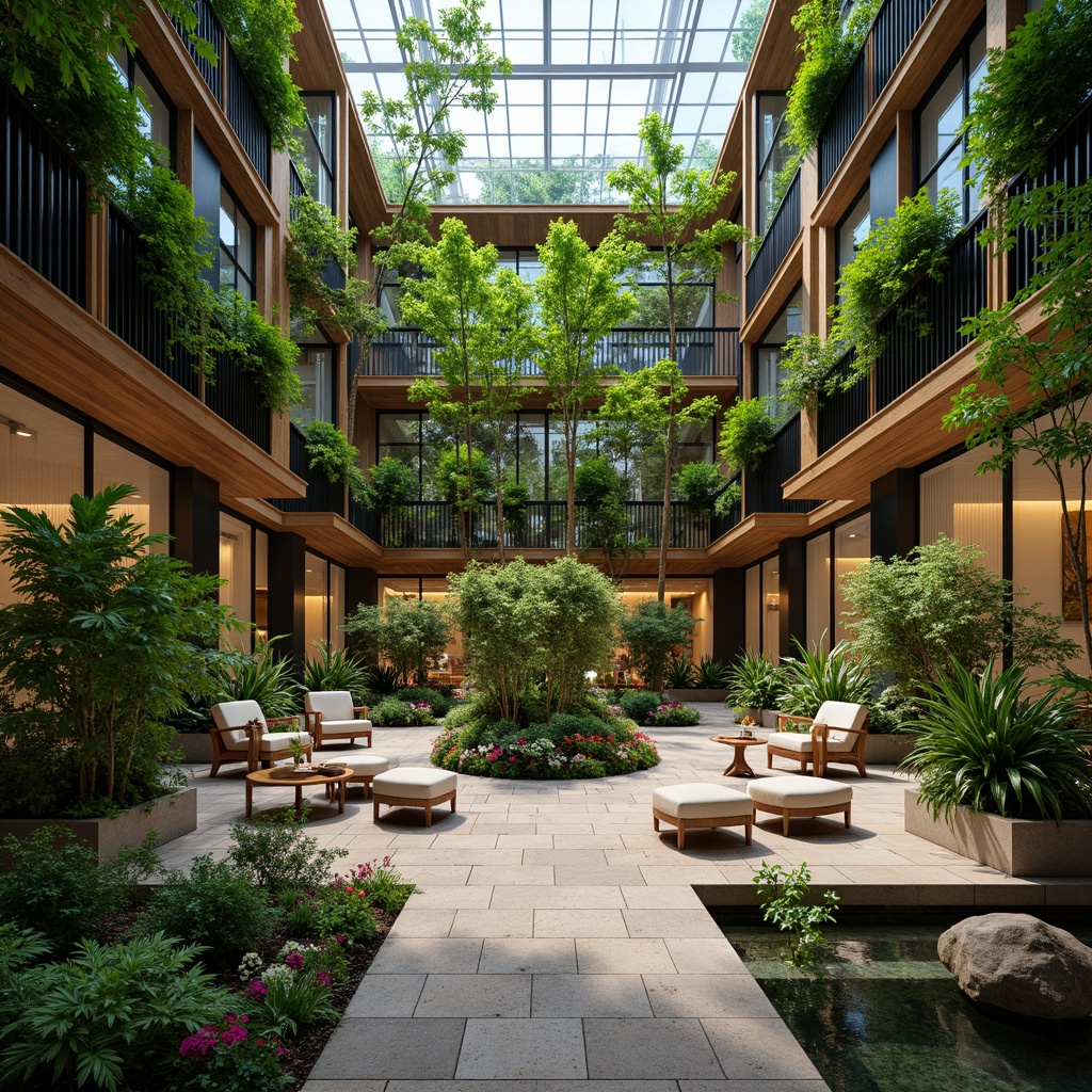 Prompt: Lush green walls, exotic tropical plants, natural stone floors, wooden accents, rattan furniture, vibrant colorful textiles, intricate geometric patterns, warm soft lighting, shallow depth of field, 3/4 composition, panoramic view, realistic textures, ambient occlusion, modern public administration building, sleek glass fa\u00e7ade, minimalist design, open atrium, natural ventilation systems, water features, koi ponds, tropical flowers, palm trees, bamboo accents, earthy tone color palette.