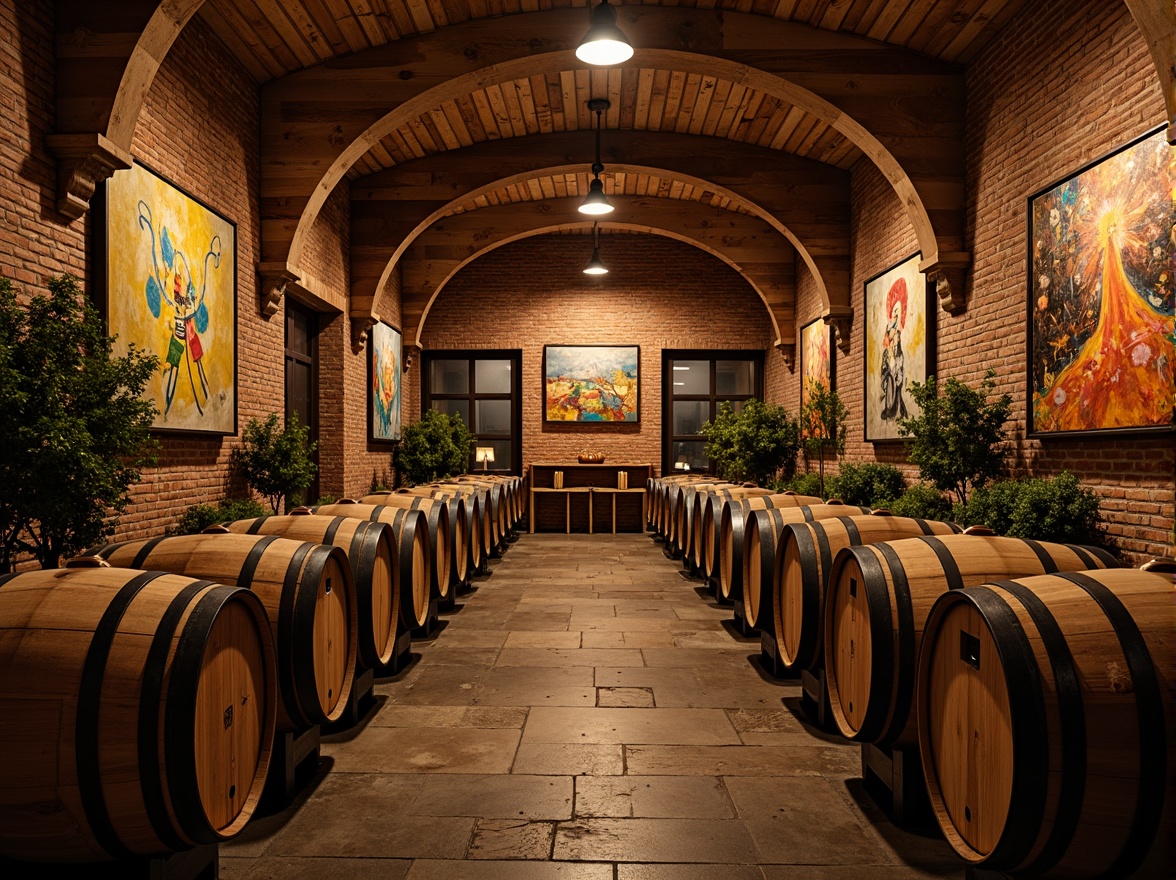 Prompt: Rustic winery, exposed brick walls, wooden barrels, vintage wine-making equipment, dim warm lighting, intimate ambiance, curved archways, earthy tones, natural stone floors, distressed wood accents, ornate metalwork, whimsical decor, eclectic art pieces, abstract expressionist paintings, bold colorful strokes, loose brushstrokes, textured canvas, 1/1 composition, shallow depth of field, atmospheric perspective, soft focus, warm color palette.