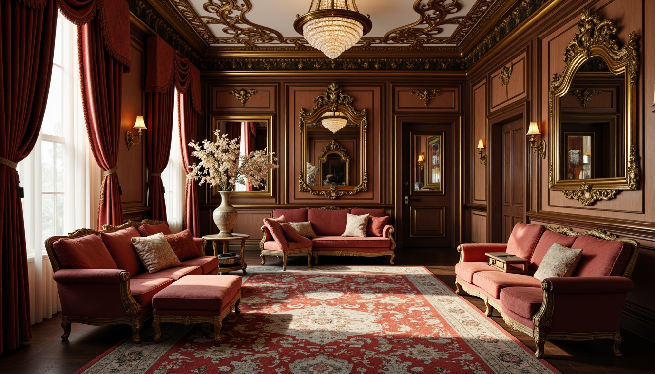 Prompt: Richly upholstered armchairs, intricately carved wooden furniture, ornate mirrors, lavish drapery, velvet fabrics, floral patterns, golden accents, crystal chandeliers, plush area rugs, decorative vases, curved lines, intricate moldings, luxurious textiles, opulent colors, grandiose scale, warm soft lighting, shallow depth of field, 2/3 composition, realistic textures, ambient occlusion.