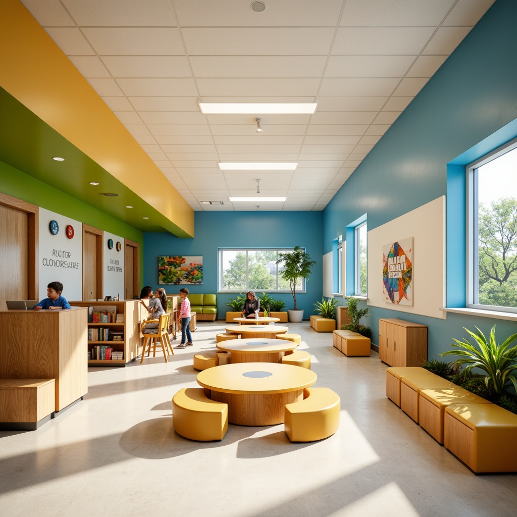 Prompt: Vibrant elementary school, bright corridors, warm beige walls, calming blue accents, soothing greenery, natural wood tones, playful yellow furniture, soft cream carpets, educational murals, inspirational quotes, modern minimalist lighting, circular tables, ergonomic chairs, collaborative learning spaces, flexible modular layouts, abundant natural light, softbox diffused lighting, 1/1 composition, subtle texture overlay.