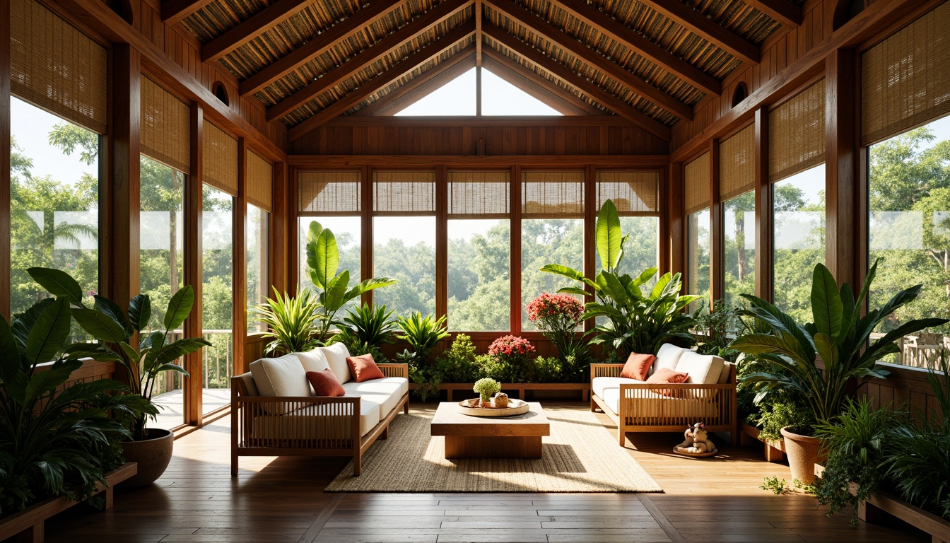 Prompt: Natural ventilation system, high ceilings, wooden louvers, large windows, sliding glass doors, bamboo blinds, rattan furniture, woven textiles, vibrant colors, exotic plants, tropical flowers, lush greenery, natural materials, rustic wood accents, earthy tones, warm lighting, soft shadows, shallow depth of field, 1/1 composition, intimate atmosphere, cozy nooks, relaxing ambiance.