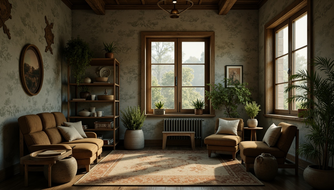 Prompt: Earthy tones, muted olive greens, rusty accents, natural textures, weathered wood, distressed stone walls, vintage metal decorations, soft warm lighting, atmospheric mist, subtle color gradients, harmonious contrast, 2/3 composition, cinematic depth of field, realistic renderings, ambient occlusion.