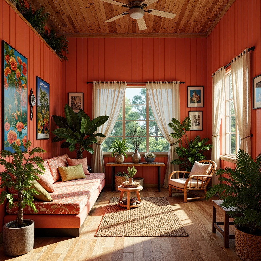 Prompt: Vibrant tropical dorm room, bright coral walls, warm sandy floors, lush greenery, exotic palm trees, colorful floral patterns, woven rattan furniture, natural jute rug, distressed wood accents, vintage Hawaiian posters, eclectic global decor, soft warm lighting, shallow depth of field, 3/4 composition, realistic textures, ambient occlusion.