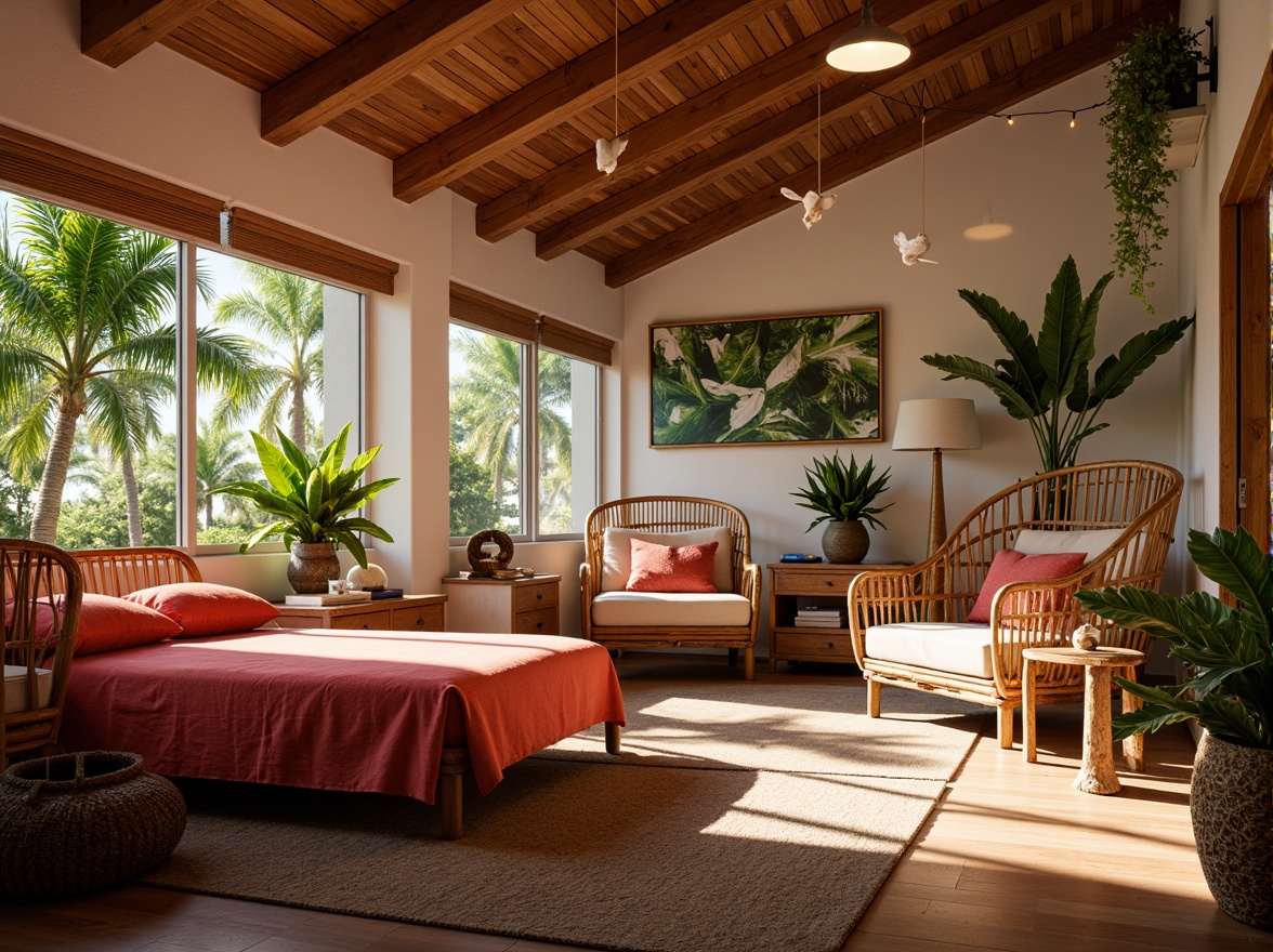 Prompt: Tropical dorm room, palm tree silhouettes, woven bamboo furniture, vibrant coral colors, natural textiles, rattan accents, warm soft lighting, table lamps with wicker shades, floor lamps with coconut shell bases, string lights with seashell decorations, sunny daytime ambiance, bright overhead lighting, 1/2 composition, cozy reading nook, relaxed atmosphere, ambient occlusion, realistic wood grain textures.