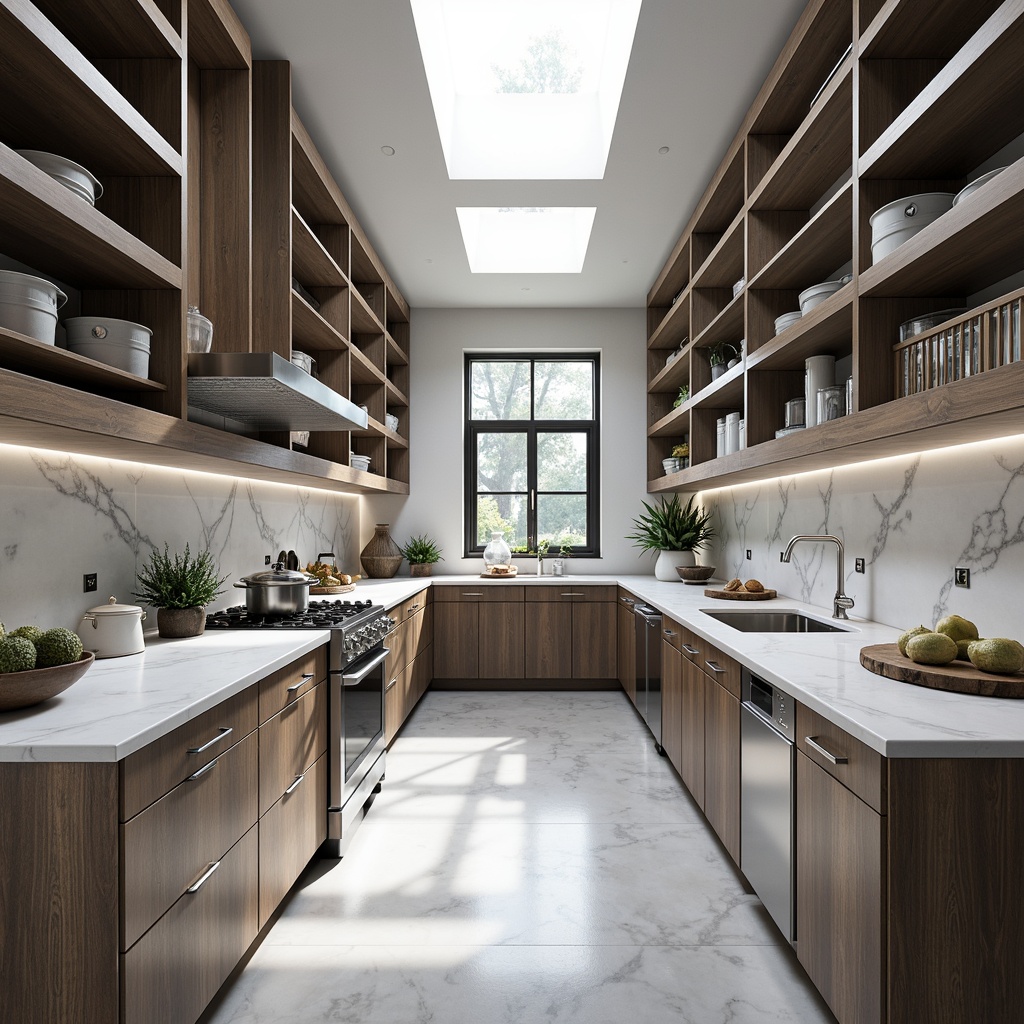 Prompt: Clean-lined pantry, monochromatic color scheme, industrial metal shelving, minimalist cabinetry, handle-free doors, geometric patterns, functional simplicity, ample natural light, white marble countertops, stainless steel appliances, sleek chrome fixtures, Scandinavian-inspired wooden accents, open storage compartments, subtle texture contrast, warm soft lighting, shallow depth of field, 1/1 composition, realistic reflections, ambient occlusion.