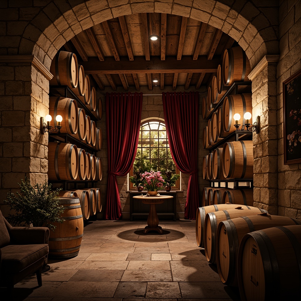 Prompt: Elegant wine cellar, rustic wooden storage racks, vintage wine barrels, dimly lit ambiance, stone walls, arched ceilings, rich wood tones, ornate metalwork, classic academic style, luxurious velvet drapes, ambient soft lighting, warm golden hues, 1/1 composition, shallow depth of field, realistic textures, subtle reflections.