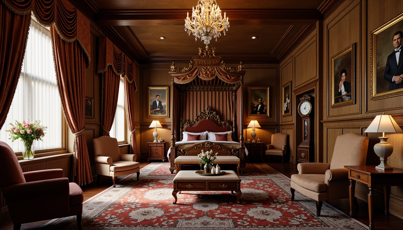 Prompt: Ornate wooden armchairs, plush velvet upholstery, intricately carved mahogany tables, luxurious silk drapes, richly patterned Persian rugs, crystal chandeliers, golden accents, ornamental mirrors, lavish furnishings, opulent fabrics, antique bronze hardware, majestic four-poster beds, stately grandfather clocks, warm candlelight, soft focus, shallow depth of field, 1/1 composition, realistic textures.