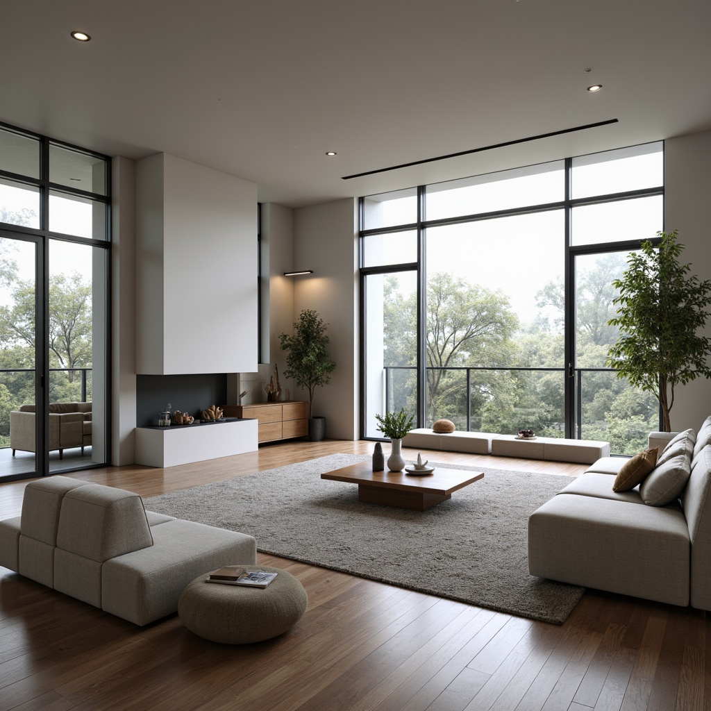 Prompt: Minimalist living room, sleek lines, polished wood floors, monochromatic color scheme, floor-to-ceiling windows, abundant natural light, fluid spatial flow, open-plan layout, geometric shapes, curved lines, smooth transitions, cozy reading nooks, plush area rugs, textured throw pillows, subtle ambient lighting, warm tone-on-tone colors, 1/2 composition, atmospheric perspective, realistic reflections, soft focus blur.