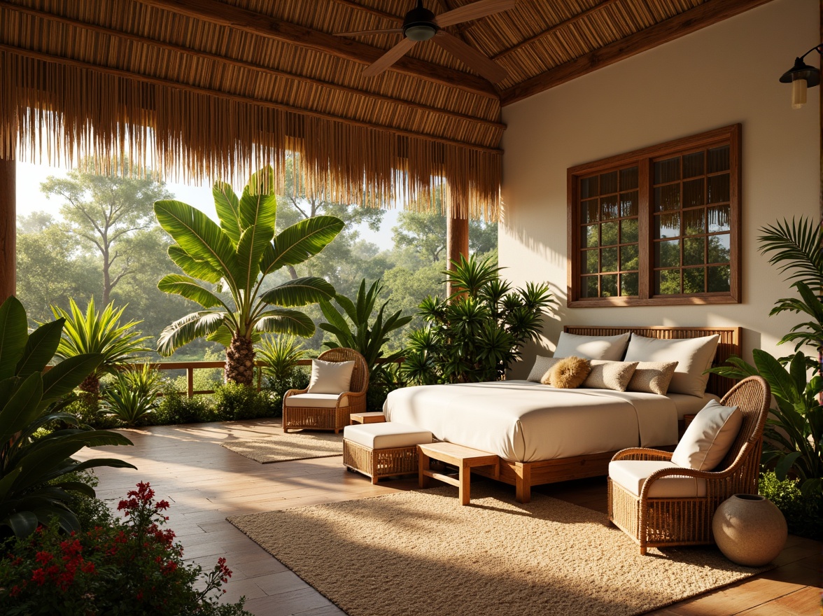 Prompt: Vibrant tropical leaves, exotic flowers, natural wood accents, woven rattan furniture, plush area rugs, warm beige walls, soft cotton fabrics, woven bamboo ceiling fans, reclaimed wood headboards, lush greenery, tranquil ambiance, cozy reading nooks, golden hour lighting, shallow depth of field, 1/1 composition, realistic textures, ambient occlusion.