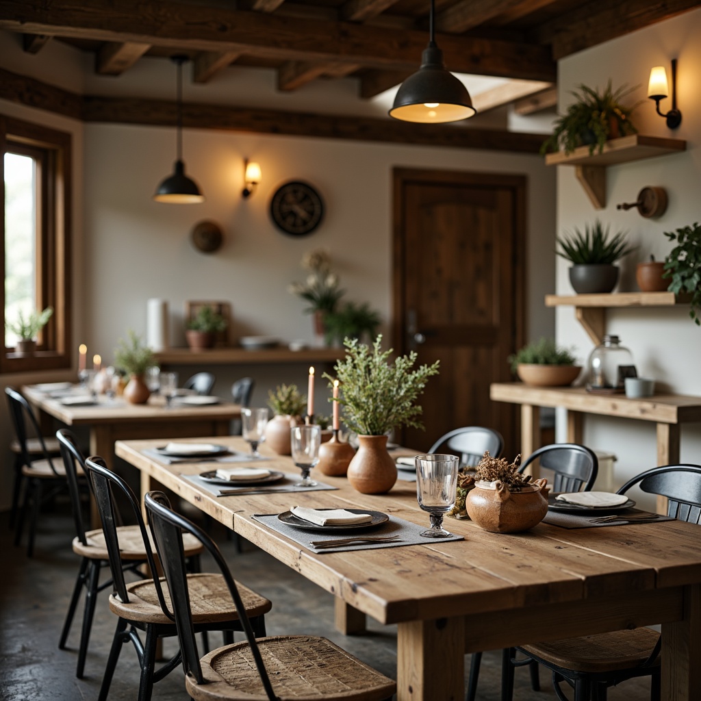 Prompt: Rustic wooden tables, vintage metal chairs, distressed finishes, earthy tone ceramics, linen tablecloths, candle centerpieces, pendant lamps, exposed beam ceilings, natural stone walls, farmhouse decor, cozy ambiance, warm soft lighting, shallow depth of field, 1/1 composition, realistic textures, ambient occlusion.