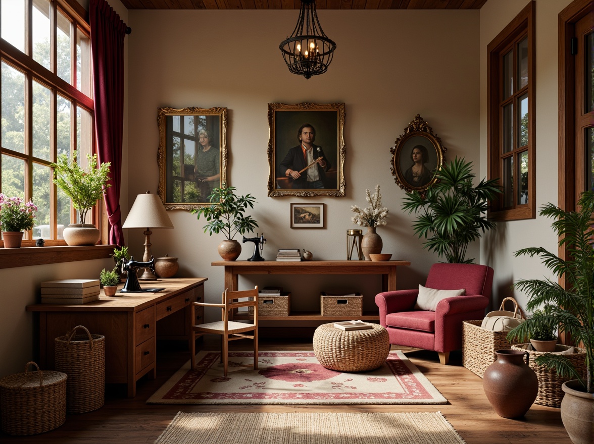 Prompt: Cozy craft room, plum color scheme, warm beige walls, rich wood tones, soft velvet fabrics, ornate golden frames, vintage sewing machines, wicker baskets, natural fiber rugs, earthy terracotta pots, lush greenery, soft overhead lighting, 1/1 composition, intimate atmosphere, realistic textures, ambient occlusion.