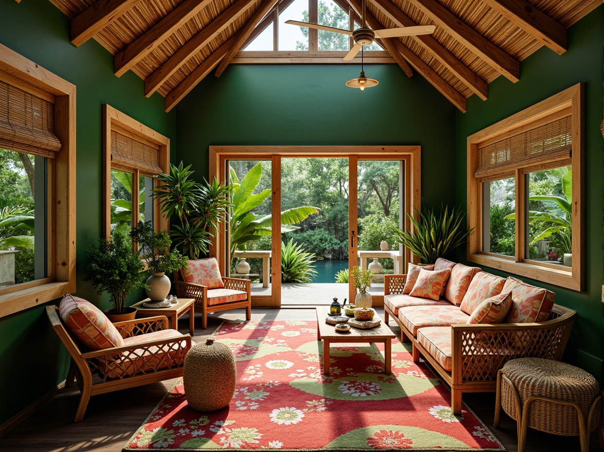 Prompt: Tropical interior, lush green walls, natural wood accents, woven rattan furniture, vibrant floral patterns, bright colored textiles, bamboo ceiling fans, sliding glass doors, large windows, clerestory windows, skylights, ambient warm lighting, soft diffused shadows, 1/1 composition, shallow depth of field, relaxed atmosphere, calming ambiance.