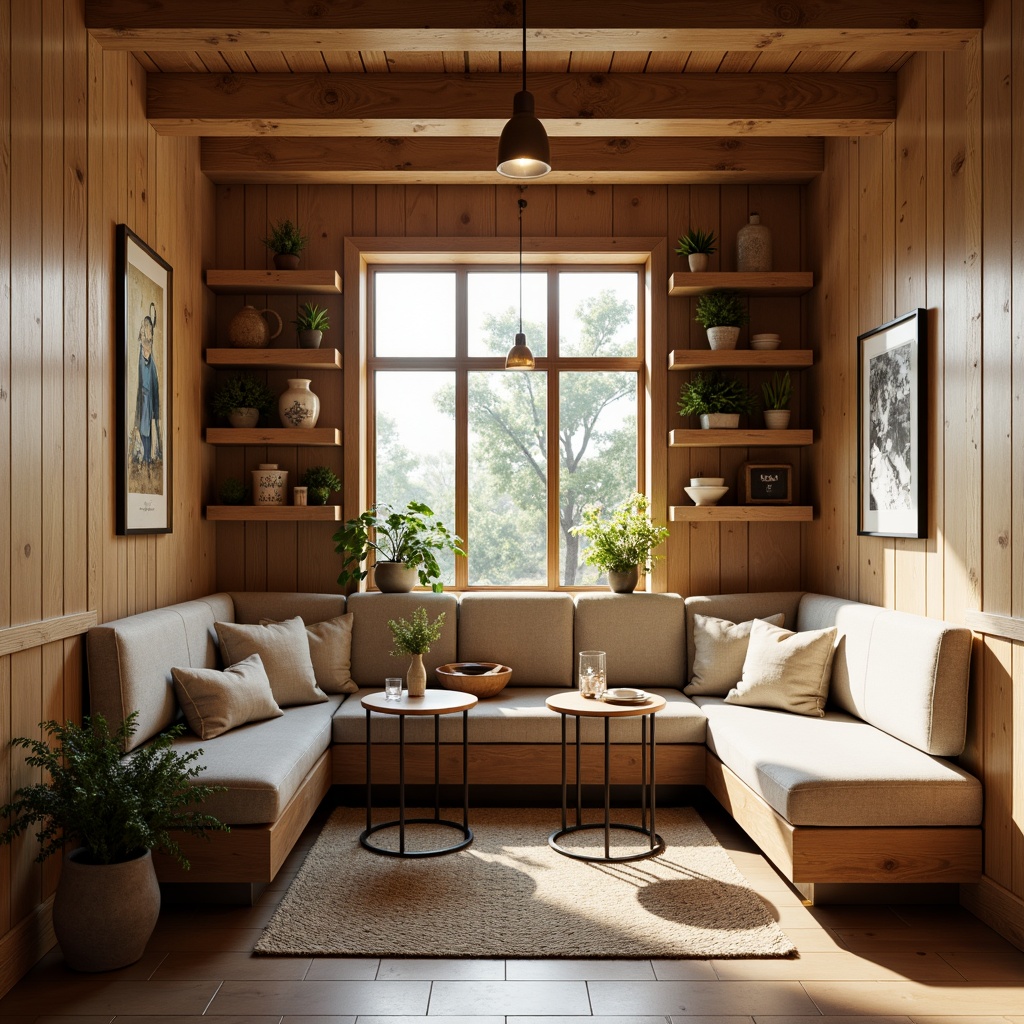 Prompt: Cozy breakfast nook, warm beige walls, rich wood tones, comfortable banquette seating, plush cushions, rounded tables, rustic metal chairs, vintage pendant lights, natural stone flooring, soft area rug, greenery plants, minimalist decor, functional cabinetry, ample storage, built-in shelving, earthy color palette, morning sunlight, soft box lighting, 1/2 composition, inviting atmosphere.