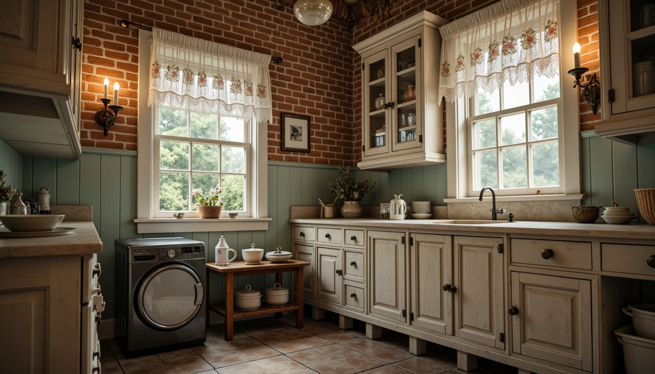 Prompt: Vintage laundry room, distressed wooden cabinets, soft pastel colors, lace curtains, floral patterns, ruffled trim, ornate metal hardware, porcelain decorative accents, antique washing machine, distressed brick walls, warm candle lighting, soft focus, shallow depth of field, 1/2 composition, romantic atmosphere.