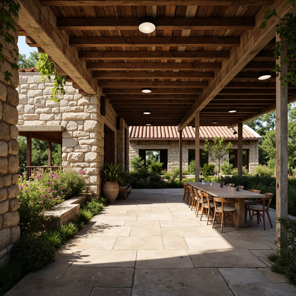 Prompt: Rustic bus station, natural stone walls, wooden beams, earthy tones, terra cotta roofs, lush greenery, vibrant flowers, local vegetation, traditional architecture, regional materials, exposed brickwork, distressed wood accents, corrugated metal sheets, warm lighting, soft shadows, 1/1 composition, realistic textures, ambient occlusion.