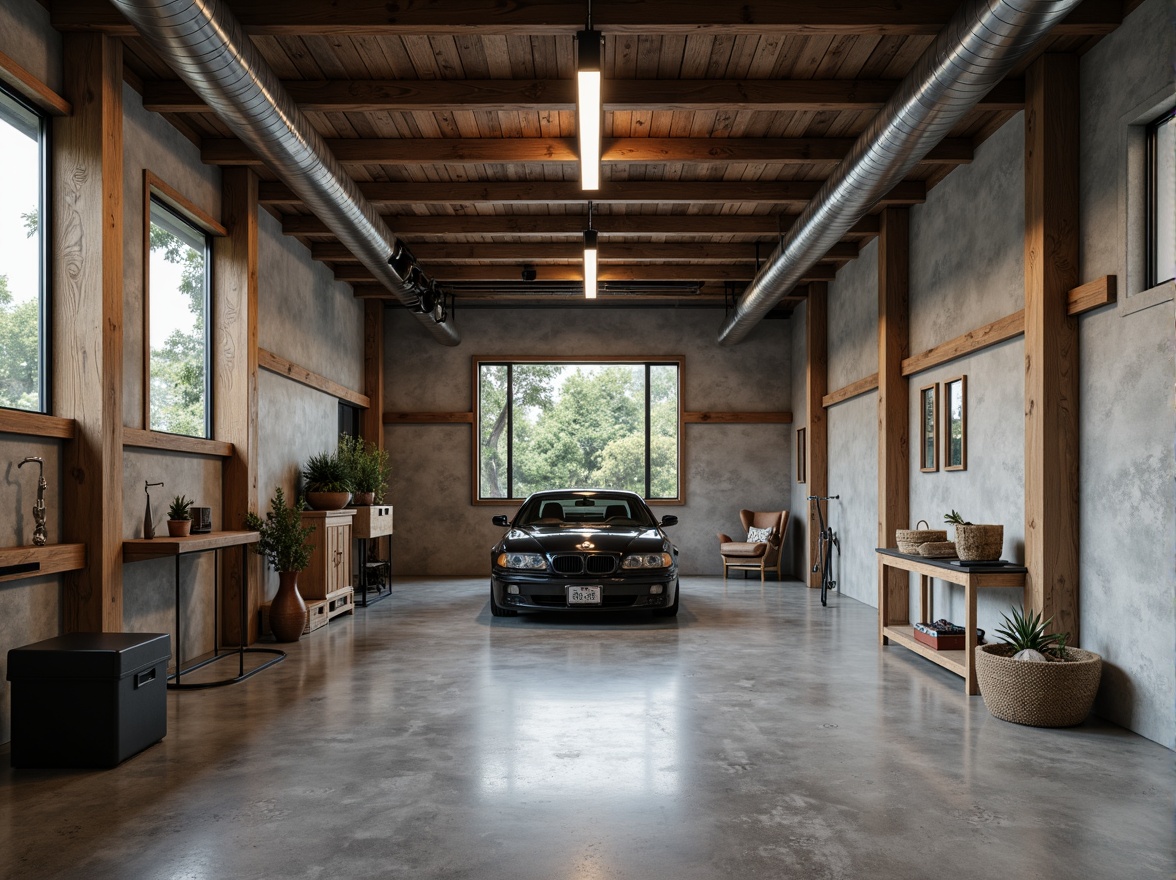 Prompt: Polished concrete floors, industrial chic aesthetic, sleek metallic accents, minimalist decor, functional storage systems, modern family garage, neutral color palette, matte finishes, subtle texture contrasts, overhead lighting, soft warm glow, shallow depth of field, 1/1 composition, realistic reflections, ambient occlusion.