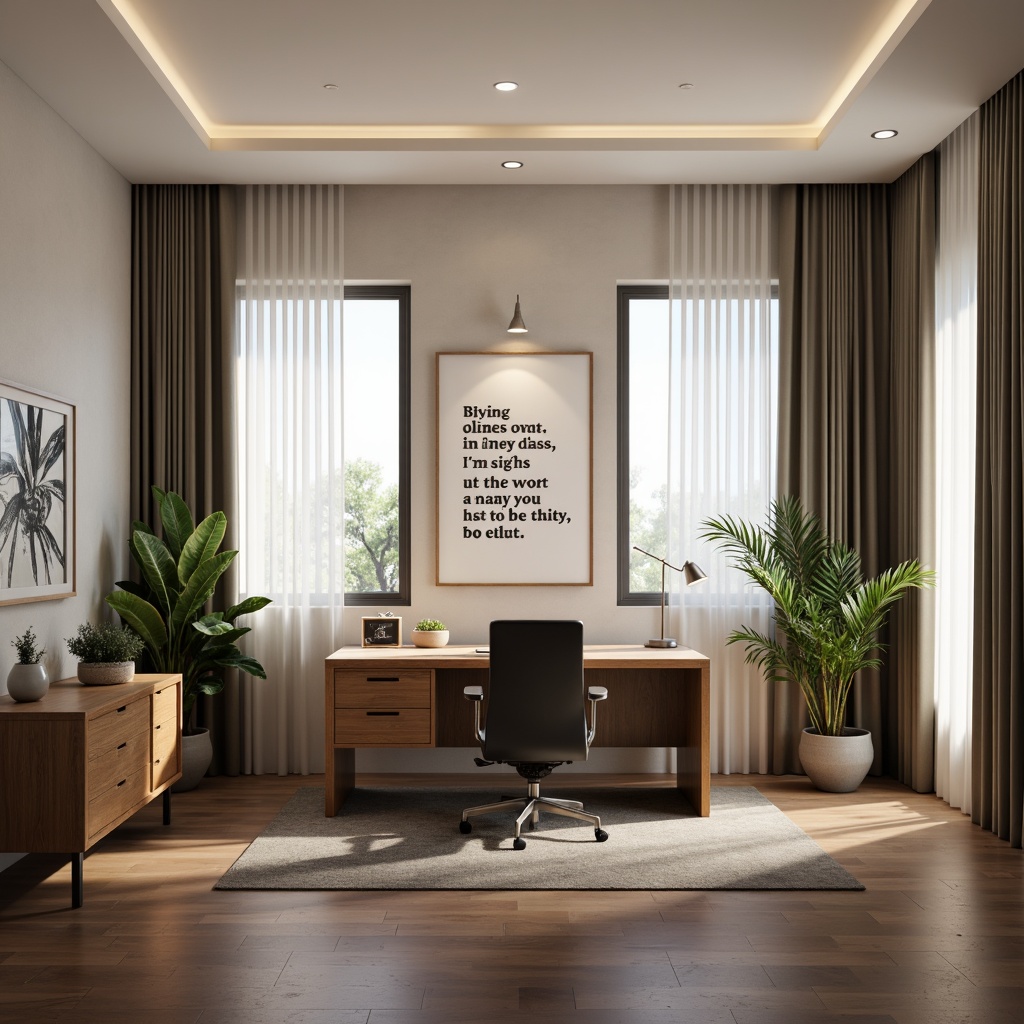 Prompt: Modern home office, minimalist desk, ergonomic chair, neutral color palette, warm task lighting, LED strip lights, floor lamps, natural daylight, sheer curtains, wooden flooring, acoustic panels, inspirational quotes, greenery, potted plants, abstract artwork, geometric patterns, calm atmosphere, softbox lighting, 1/1 composition, shallow depth of field, realistic textures.