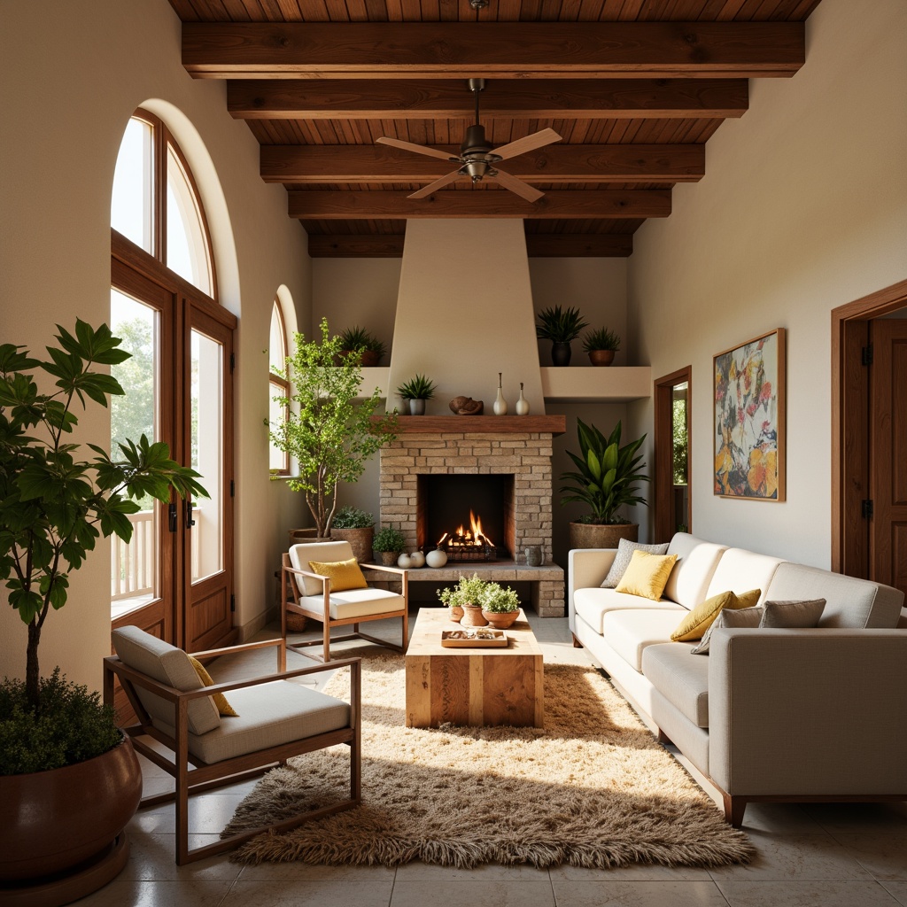 Prompt: Cozy living room, warm beige walls, soft cream-colored furniture, rich walnut wood accents, plush area rug, natural stone fireplace, ambient lighting, vibrant greenery, earthy terracotta pots, calming atmosphere, harmonious color balance, 2/3 composition, shallow depth of field, warm golden hour lighting.