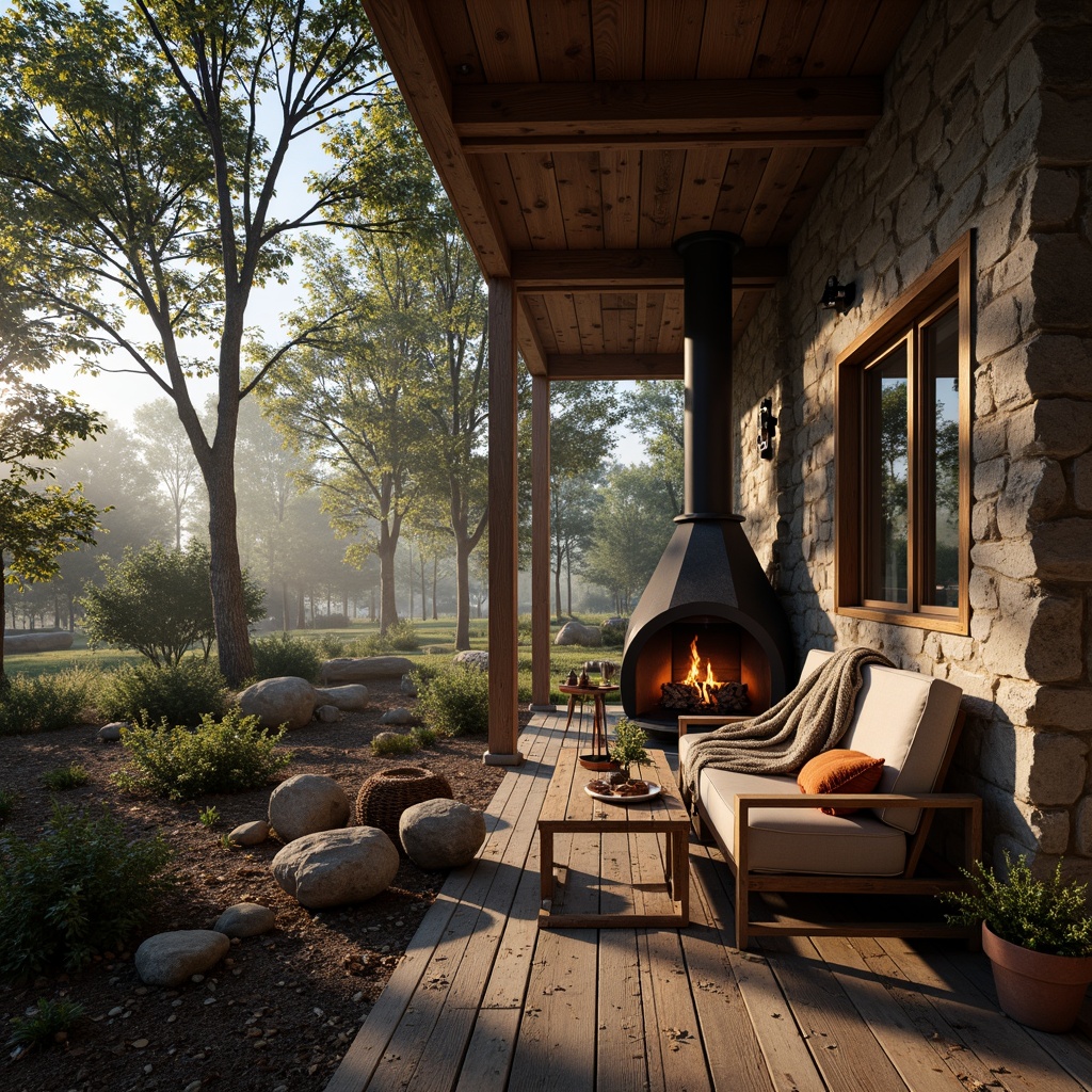 Prompt: Rustic wooden cabin, natural stone walls, earthy tones, rugged terrain, misty forest, warm sunlight filtering through trees, intricate branch patterns, organic textures, worn wooden planks, distressed metal accents, vintage outdoor furniture, cozy fireplace, plush throw blankets, soft warm lighting, shallow depth of field, 1/1 composition, realistic rendering, ambient occlusion.