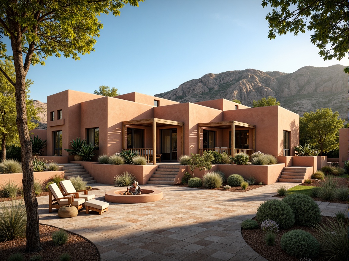 Prompt: Earthy adobe architecture, warm terracotta tones, rustic wooden accents, vibrant turquoise decorations, lush greenery, sprawling cacti, sandy desert landscape, clear blue sky, abundant natural light, large windows, sliding glass doors, clerestory openings, soft warm illumination, shallow depth of field, 3/4 composition, panoramic view, realistic textures, ambient occlusion.